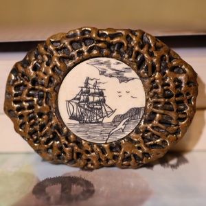Scrimshaw Ship Brass Vintage Belt Buckle